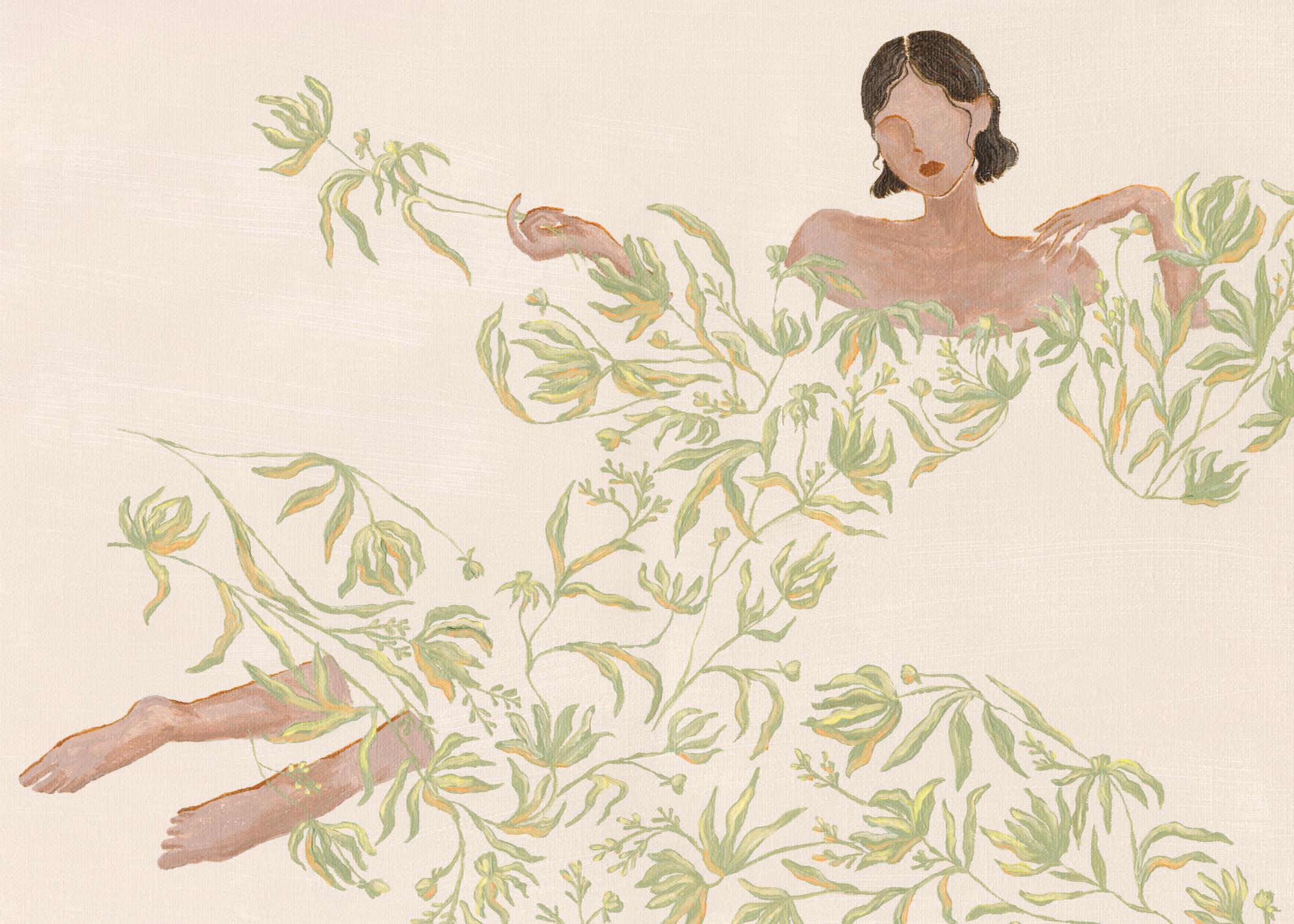 Lady in Green Floral Dress Print