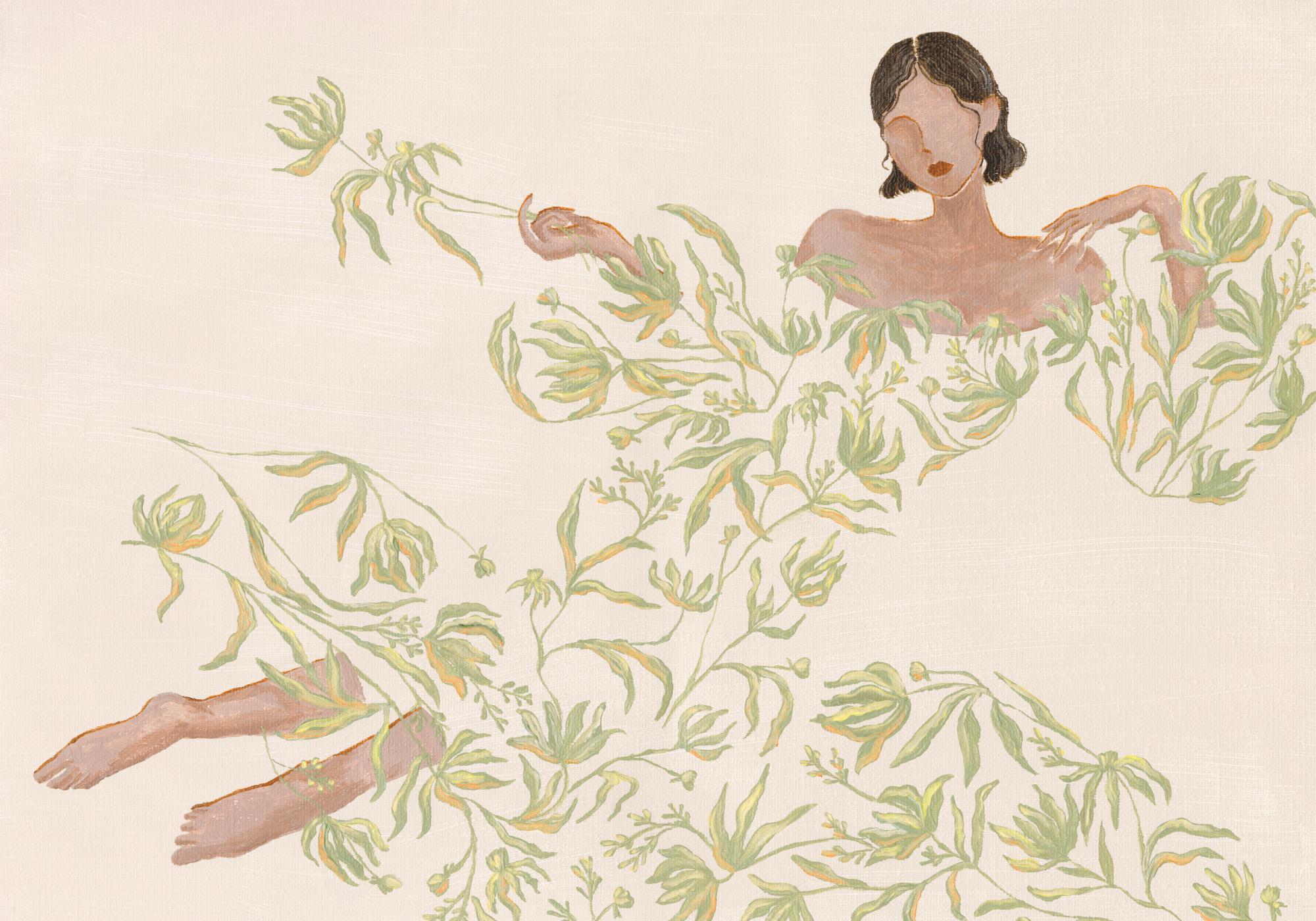 Lady in Green Floral Dress Print