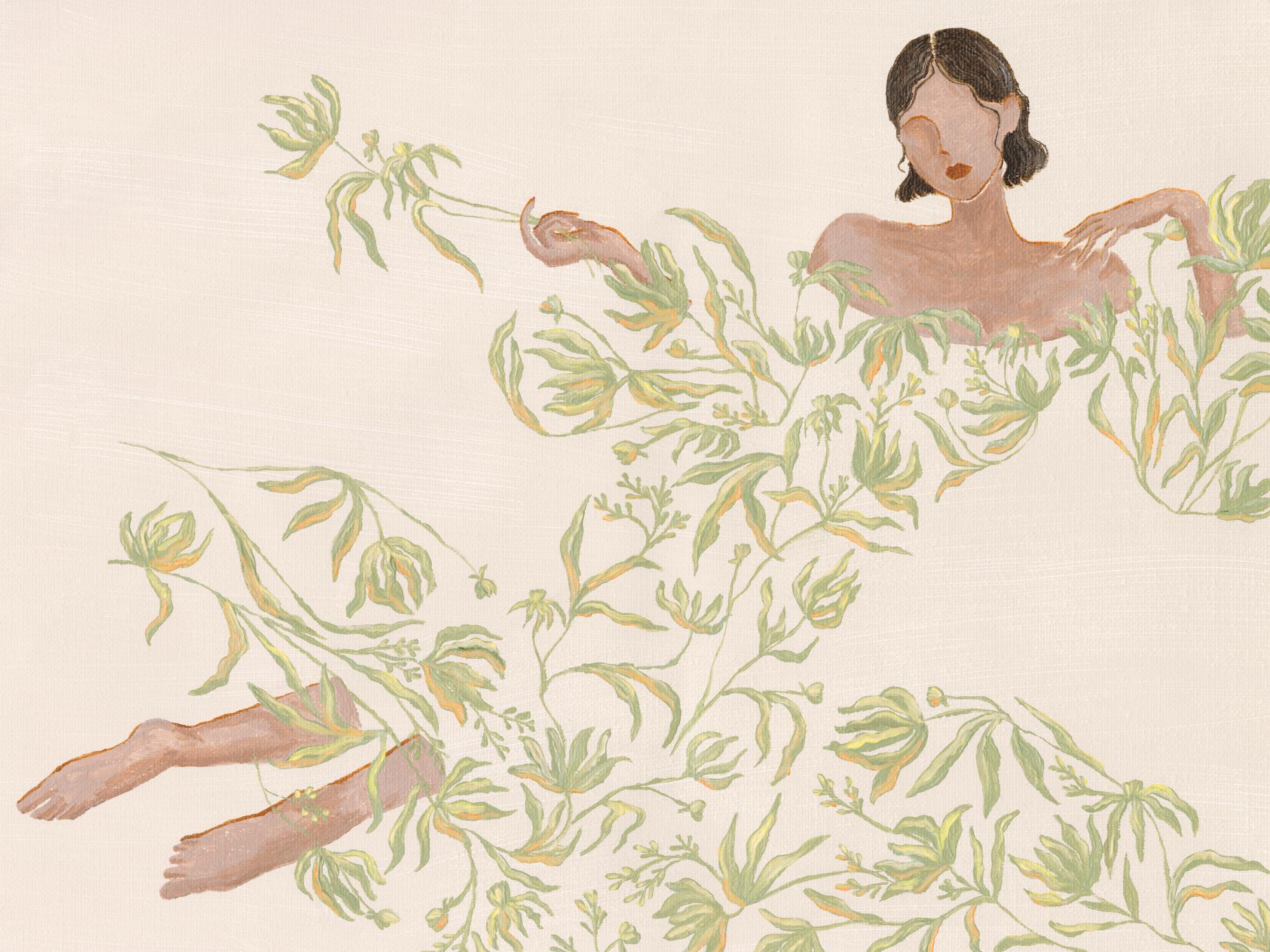 Lady in Green Floral Dress Print